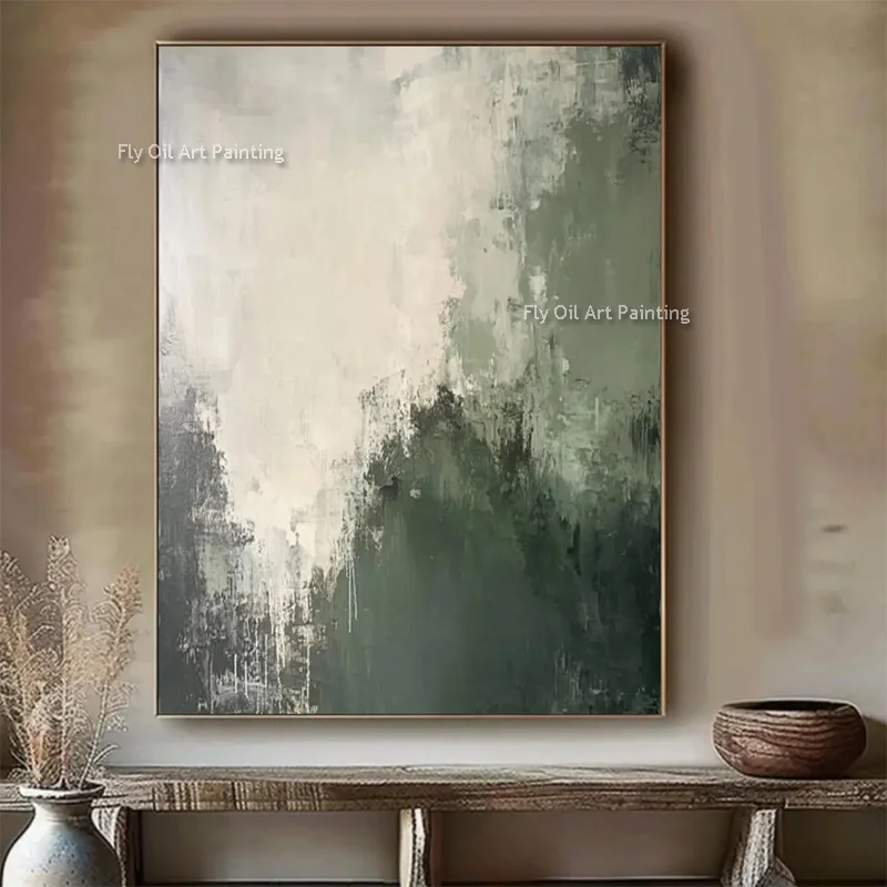 Special Design Artwork Handpainted Green Beige Abstract Thick Oil Painting For Room Decor Simple Deep Green Wall Art As Gift