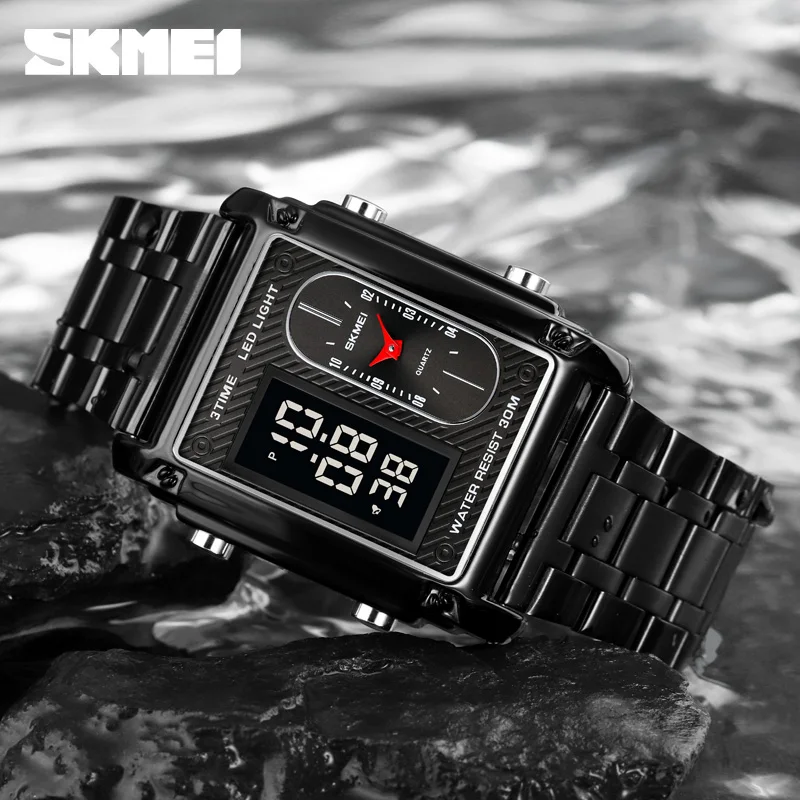 SKMEI Luxury 3Time Digital Watch for Man Chrono Stopwatch Led Light Electronic Movement Wristwatch  Waterproof Quartz Watches