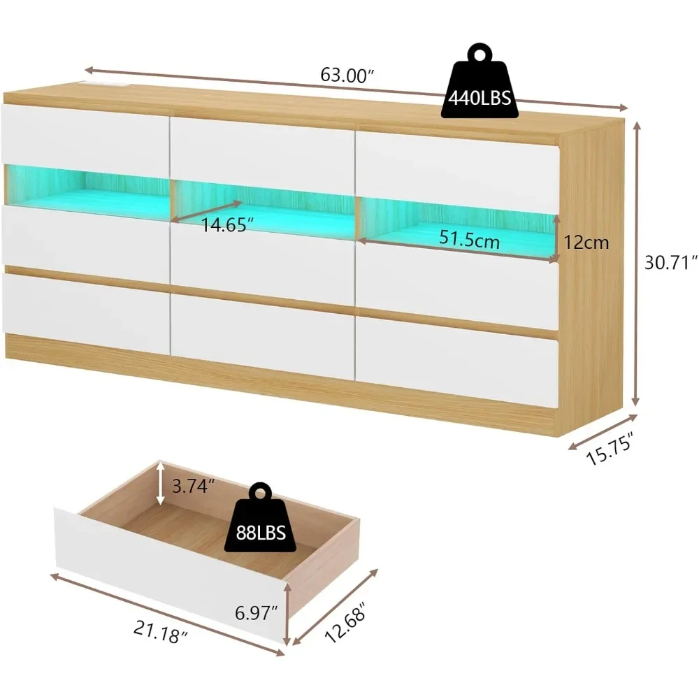 Triple Dresser with Charging Station & Led Lights & 3 Cu, TV Stand for TVs Up To 75