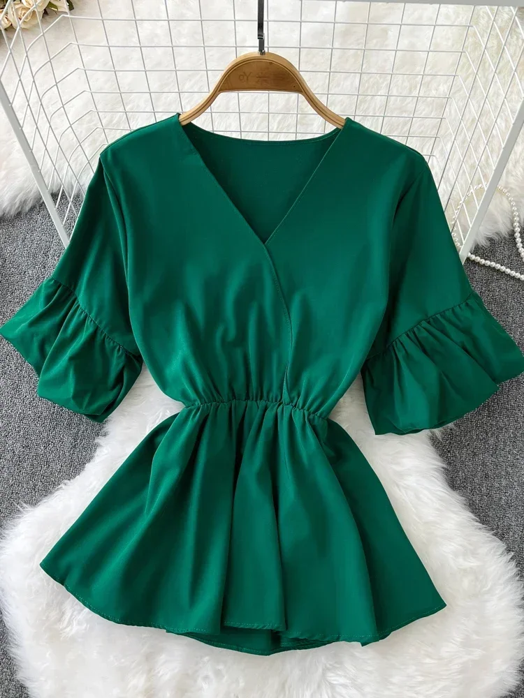 

Women Summer Short Sleeve Tops Korean Vintage V-neck Blouse Closing Lotus Leaf Short Casual Western-style Shirt D2404