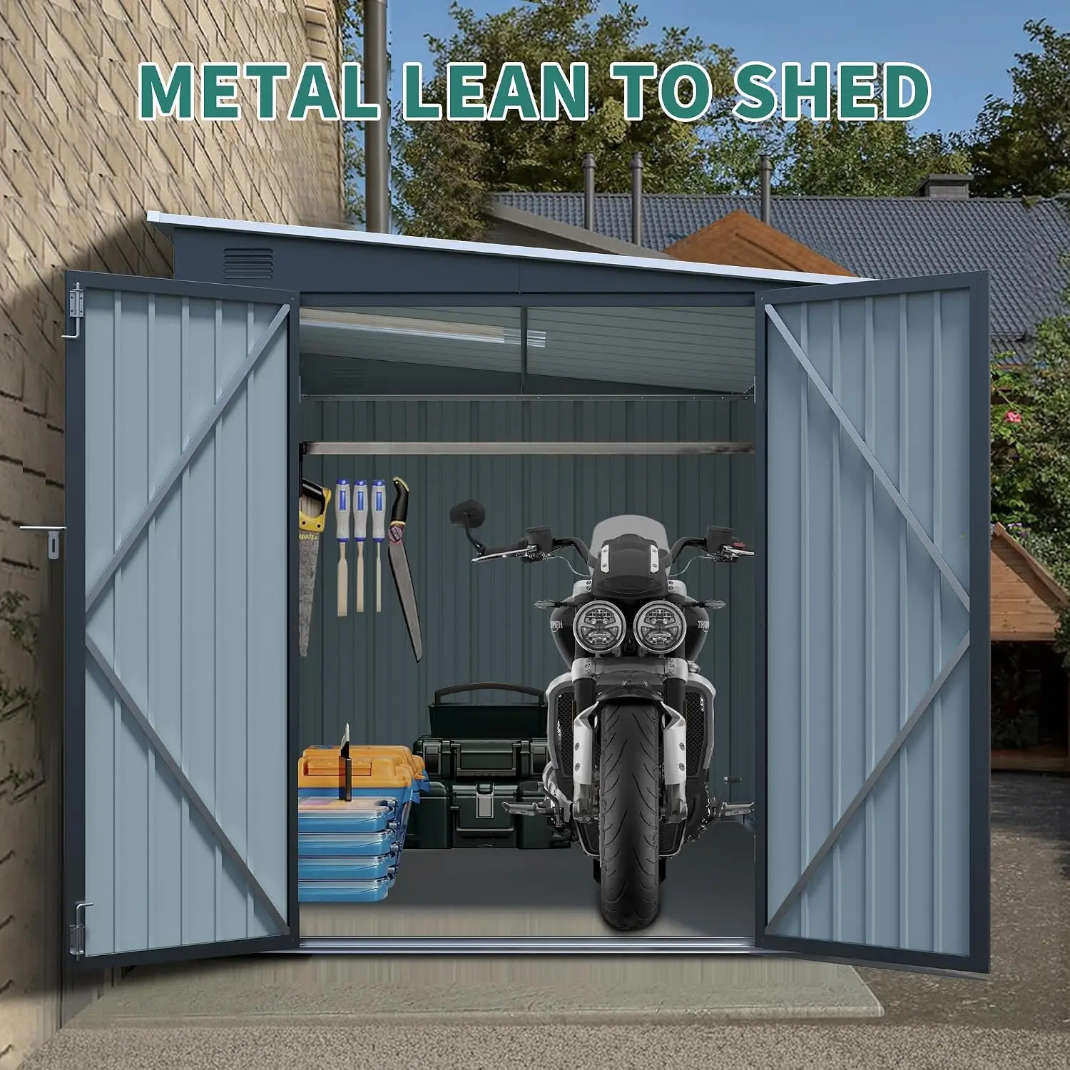 Steel Outdoor Storage Shed 6x8FT Lockable Double Doors Lean-to PC Light Board Weather-Resistant Tools Bikes Patio, Customized