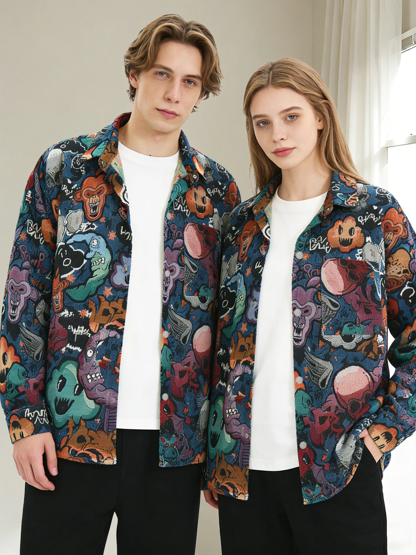 

Весенне-осенняя новая стильная, уникальная, забавная жаккардовая куртка унисекс с отложным воротником, универсальное пальто.