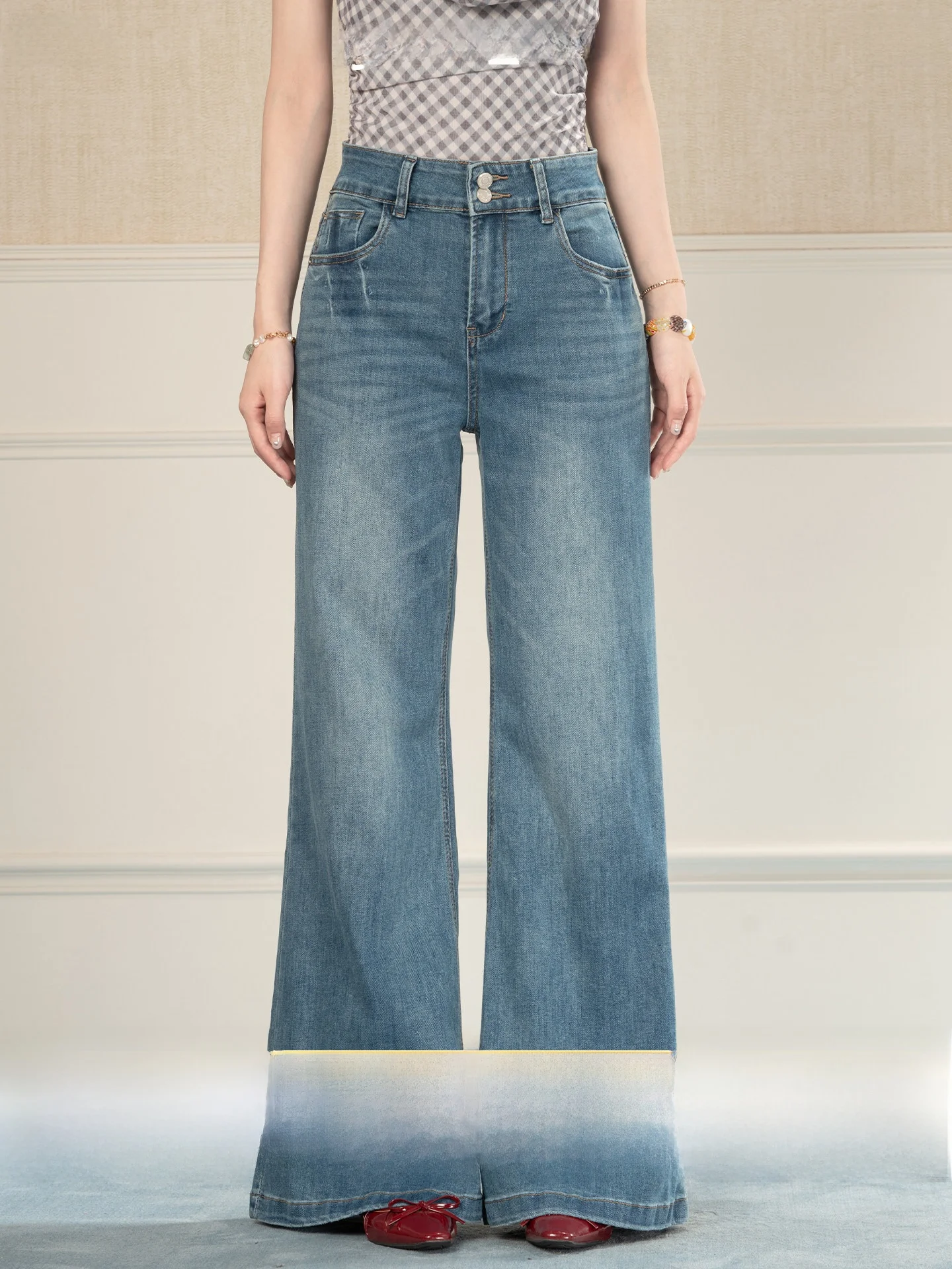 

Heynew American Retro Washed Bell Bottom Jeans Women's Summer New High Waist Slimming Fitting Drapey Long Pants