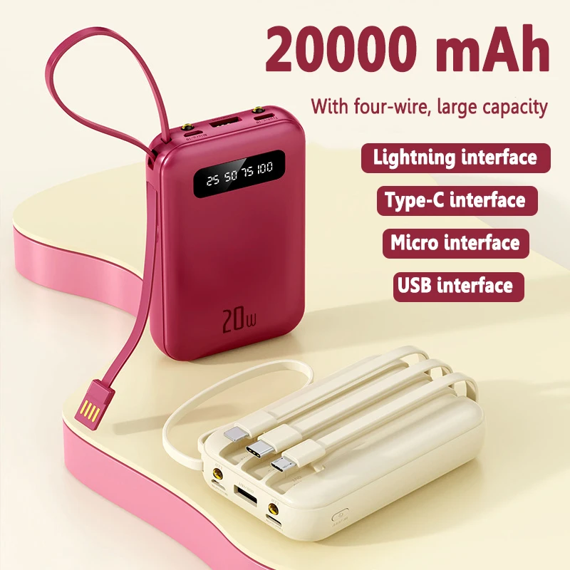 보조베터리 방수 휴대용 휴대폰 외장 배터리 충전기, 4-in-1 보조배터리, 20000mah 내장 케이블, 20W 고속 충전 