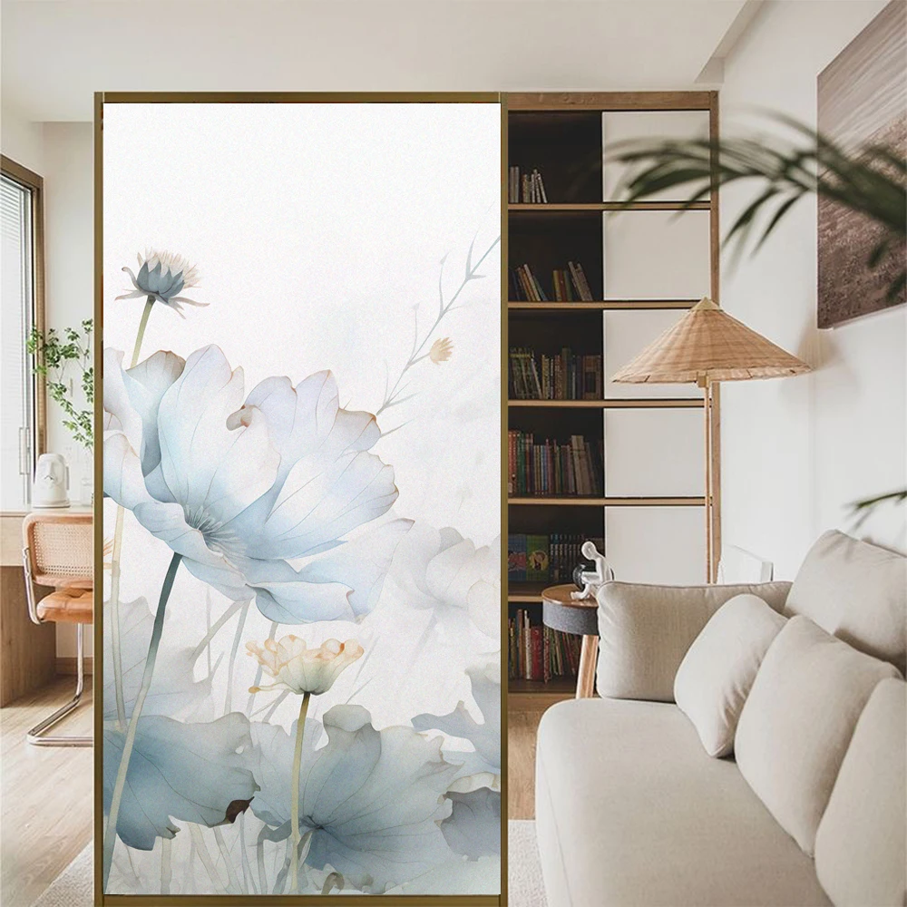 Lotus Pattern Privacy Glass Window Frosted Film PVC Sun Blocking Static Cling Glass Stickers Bathroom Door Home Decor Film