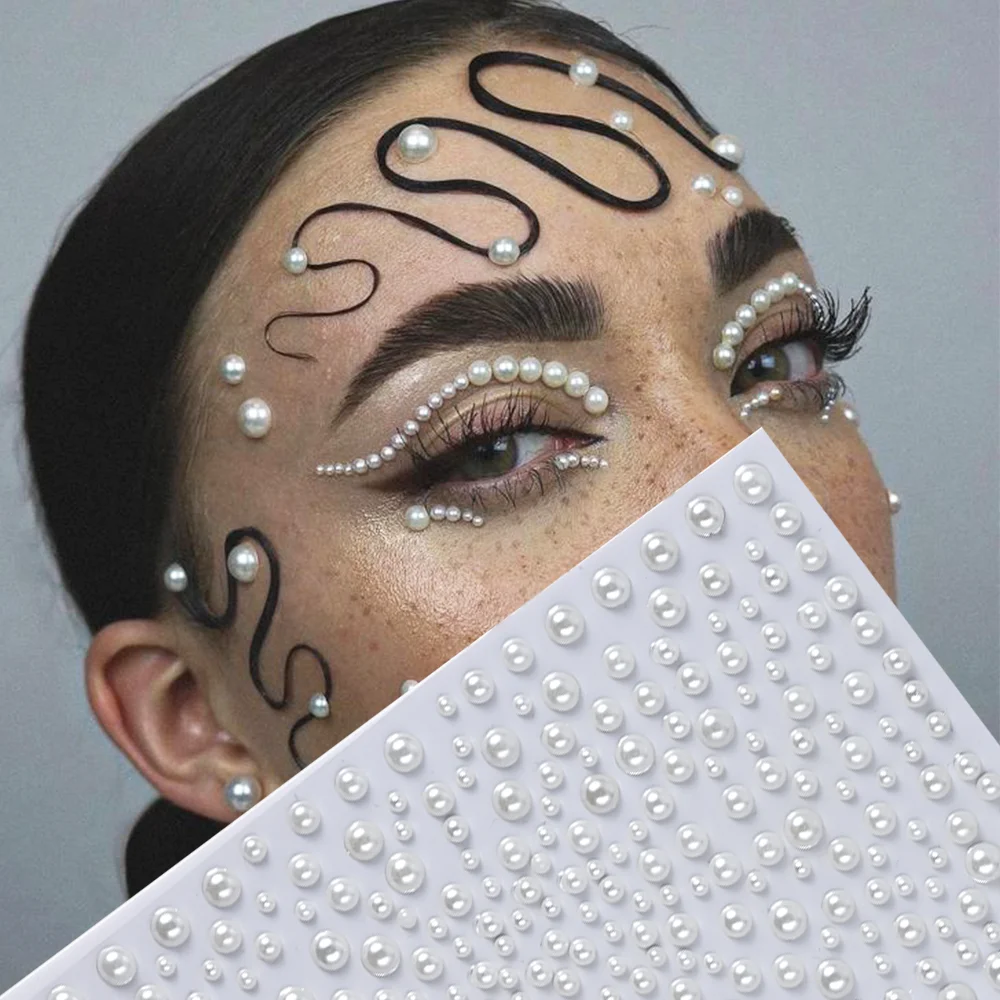 1Sheets 3D Pearl Face Gems Tattoos Stickers Mixed-Sizes Self-Adhesive Rhinestones for Makeup Body/Eye Decor Diamond Tattoo Decal