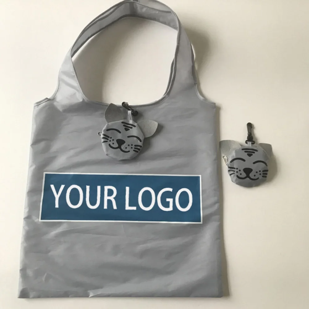 Bolsa de compras plegable de poliéster con forma de gato y perro con cremallera, bolsa de almacenamiento duradera reciclada al por mayor como colgante
