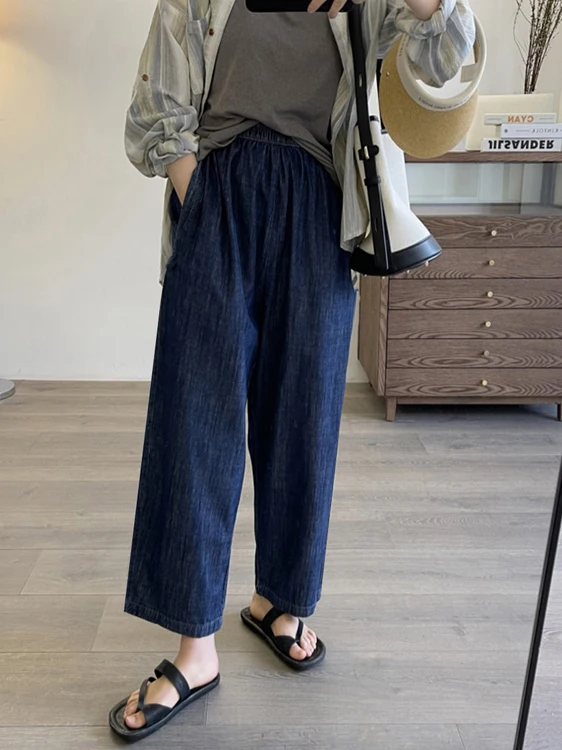 Celana Jeans Kaki Lebar Pinggang Tinggi Celana Denim Pelangsing Tipis Musim Panas Wanita Celana Jeans Bootcut Sembilan Poin Kasual Longgar