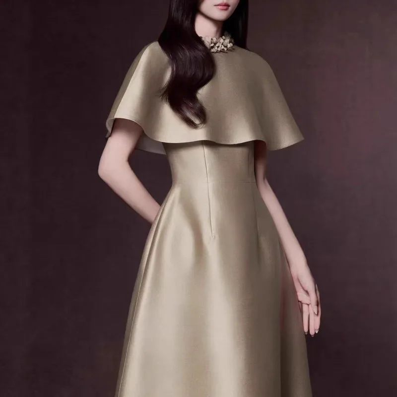 QMQA Fashion Women's Elegant Cape Satin Dress Patchwork 3D Floral Shawl Round Neck Gown Long Dresses 2026 Spring New QM963