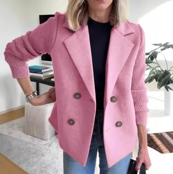 

Women Suit Collar Casual Coat Knitted Long Sleeve Tweed Office Jacket Blend Wool Coat Double Breasted Blazer Female