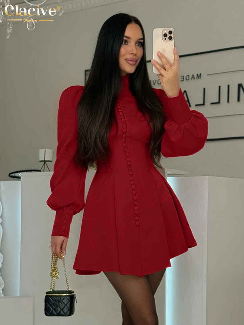 

Clacive Fashion Slim Red Womens Dresses 2026 Spring Turtleneck Lantern Sleeve Mini Dresses Elegant Classic Pleated Female Dress
