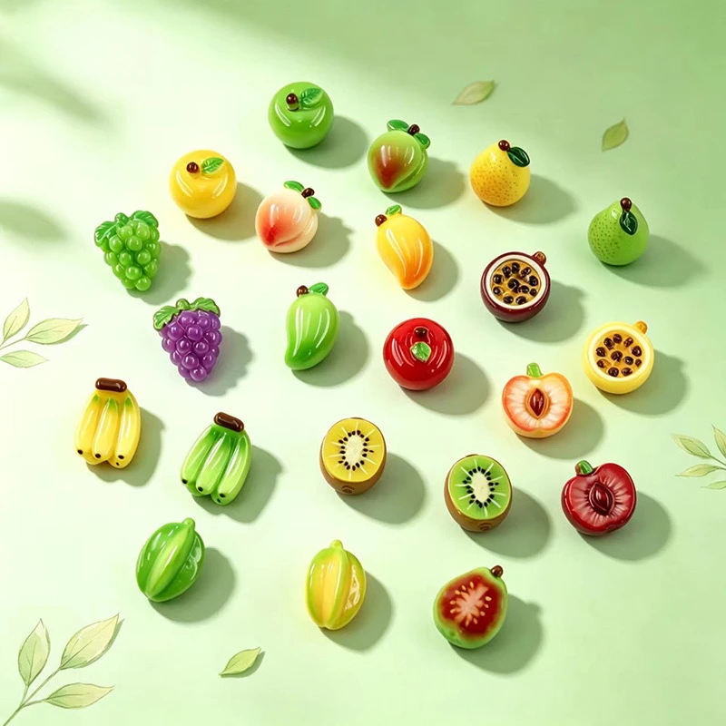 100pcs Cute Mini Fruit Mango Grape Cherry Aplle Banana Resin Flatback Cabochon DIY Accessories Keychain Dollhouse Decor Craft