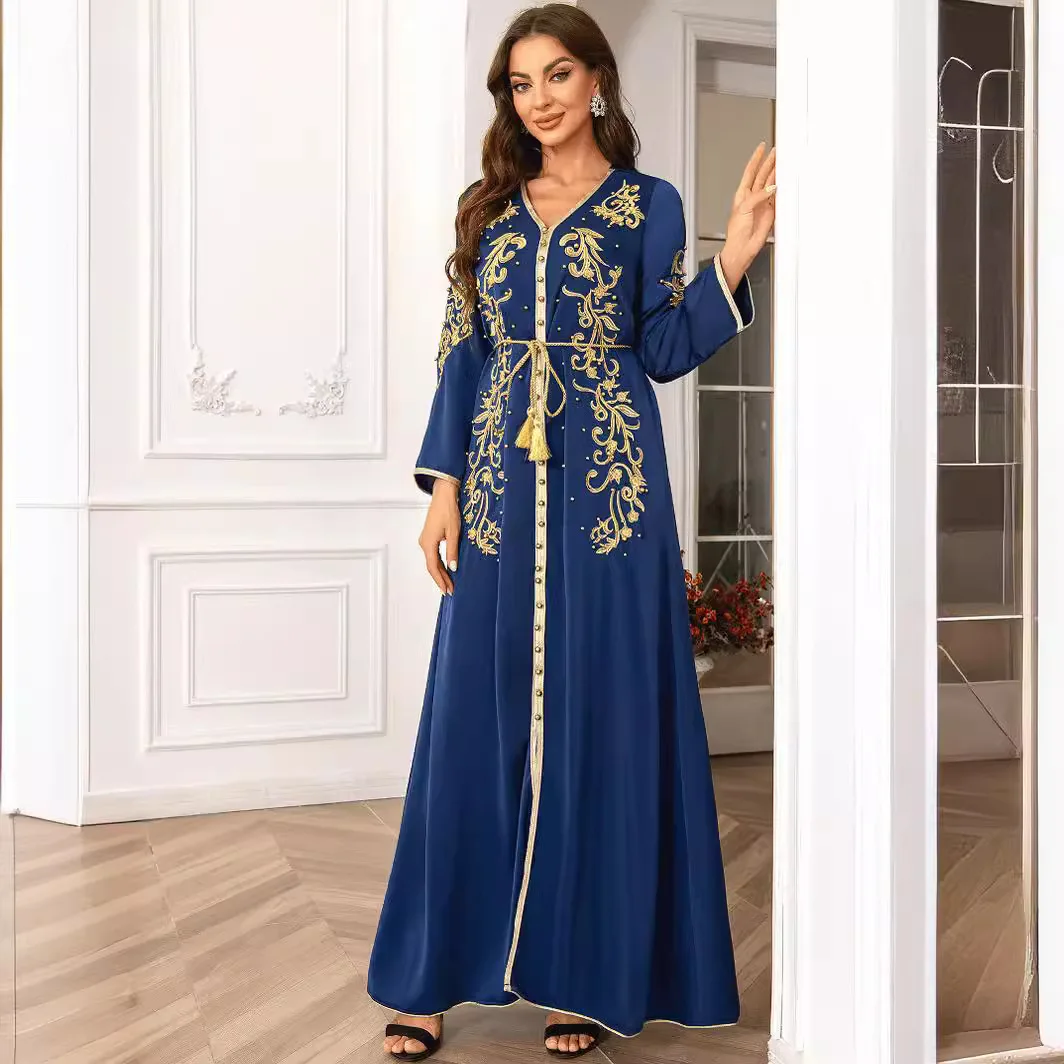 ZD067 Saudi Muslim Women's Clothing V-neck Long sleeved Dress Women's Robe Abaya