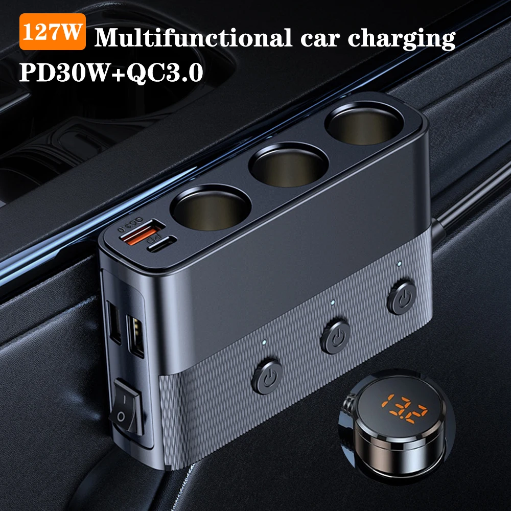 Socket Cigarette Lighter Splitter Socket Cigarette Lighter Splitter 127W 7-in-1 USB+PD+QC3.0 Car Charger Adapter