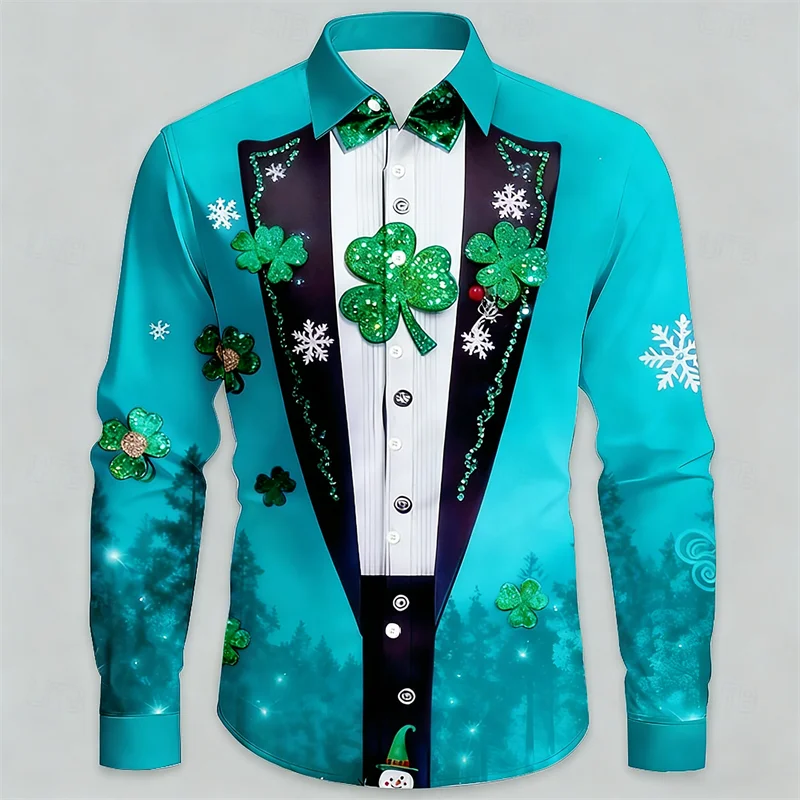 Men's long sleeved shirt 3D high-definition snowflake print Christmas tree pattern lapel button men's shirt top