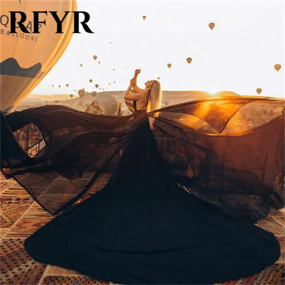 RFYR Chiffion Black Evening Gown Elegant Prom Dress with Long Train Spaghetti Strap V Neck Wedding Evening Dress Customized