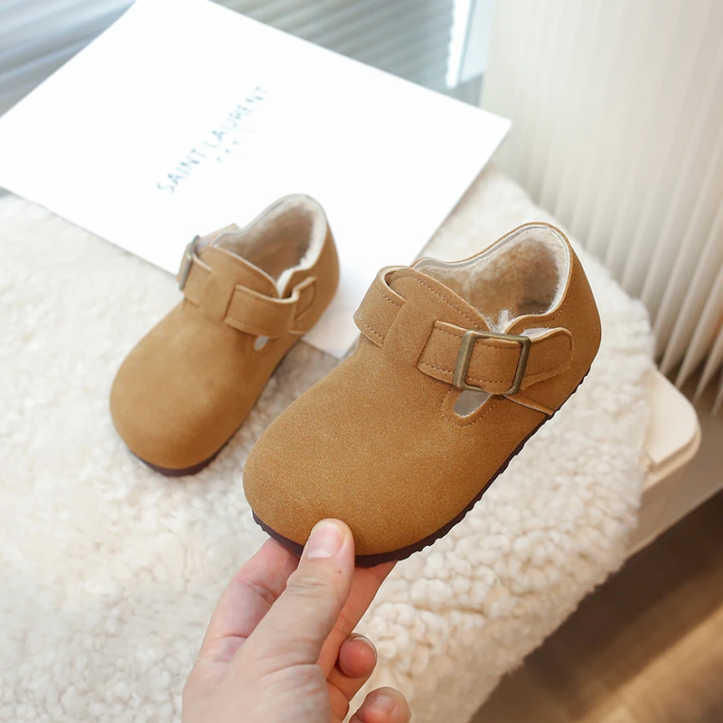 Kids Cotton Shoes with Khaki/camel Color Anti Slip Soft Sole Round Toe Belt Buckle Winter Outdoor Casual Warm Cotton Shoes