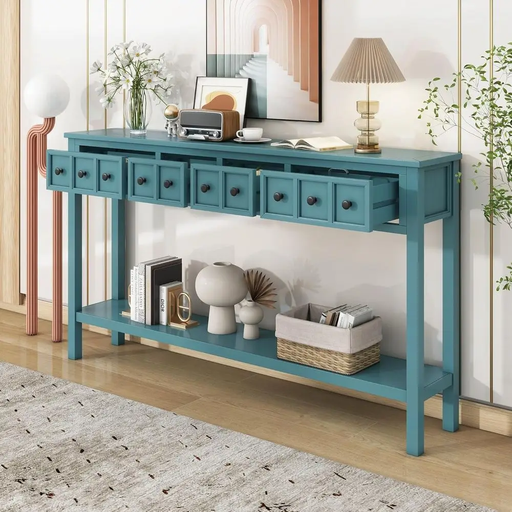 Storage Entryway Table with Drawers, Long Sofa Table with Open Shelves and 4 Drawers, Turquoise Green Living Room Furniture