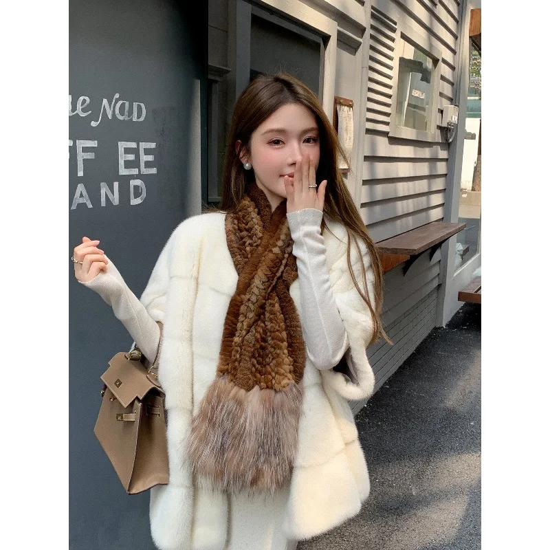 Winter new long Rex rabbit hair with fox fur scarf women's versatile atmosphere double-sided real hair scarf hair collar