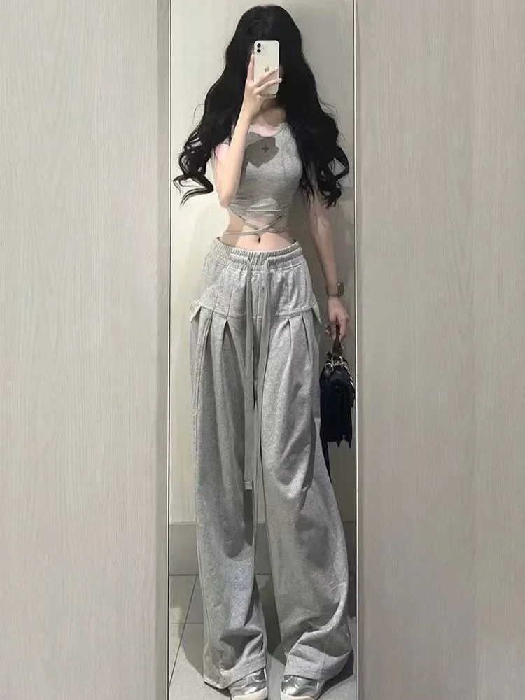 Summer Casual Spicy Girl Sport Loose Feelings Set Pants Women Short Style Belly Show T-Shirt Belted Wide Leg Pants Two Piece Set