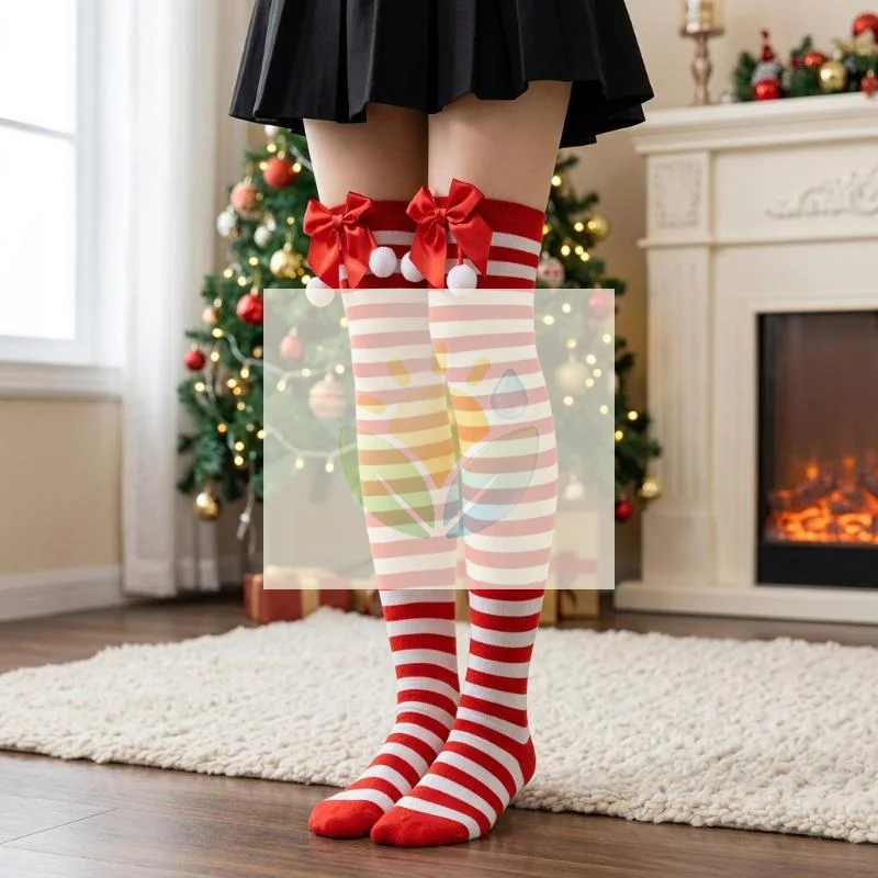 Christmas Striped Over Knee Thigh High Stockings 1 Pair Soft Socks for Women Xmas Party Favor Gift Option