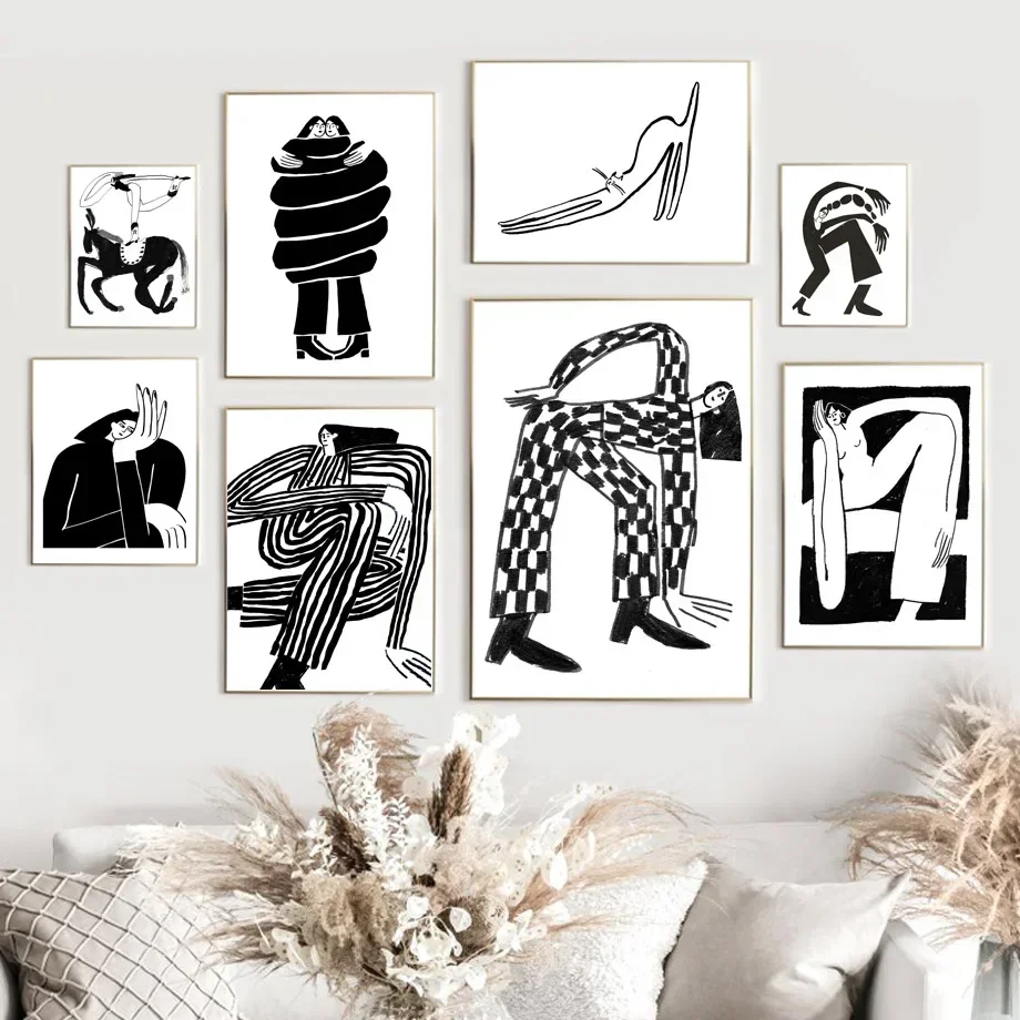 Nordic Poster Black White Abstract Curve Lines Clothes Girl Pose Wall Art Canvas Painting Wall Pictures For Living Room Decor
