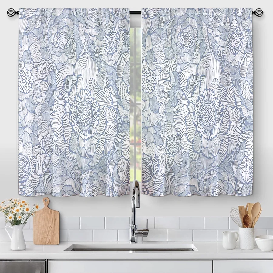 2PCS Digital Print Curtains, Blue Grey White Lace Floral Damask Peony Flowers, Elegant Vintage for Living Room Bedroom Decor