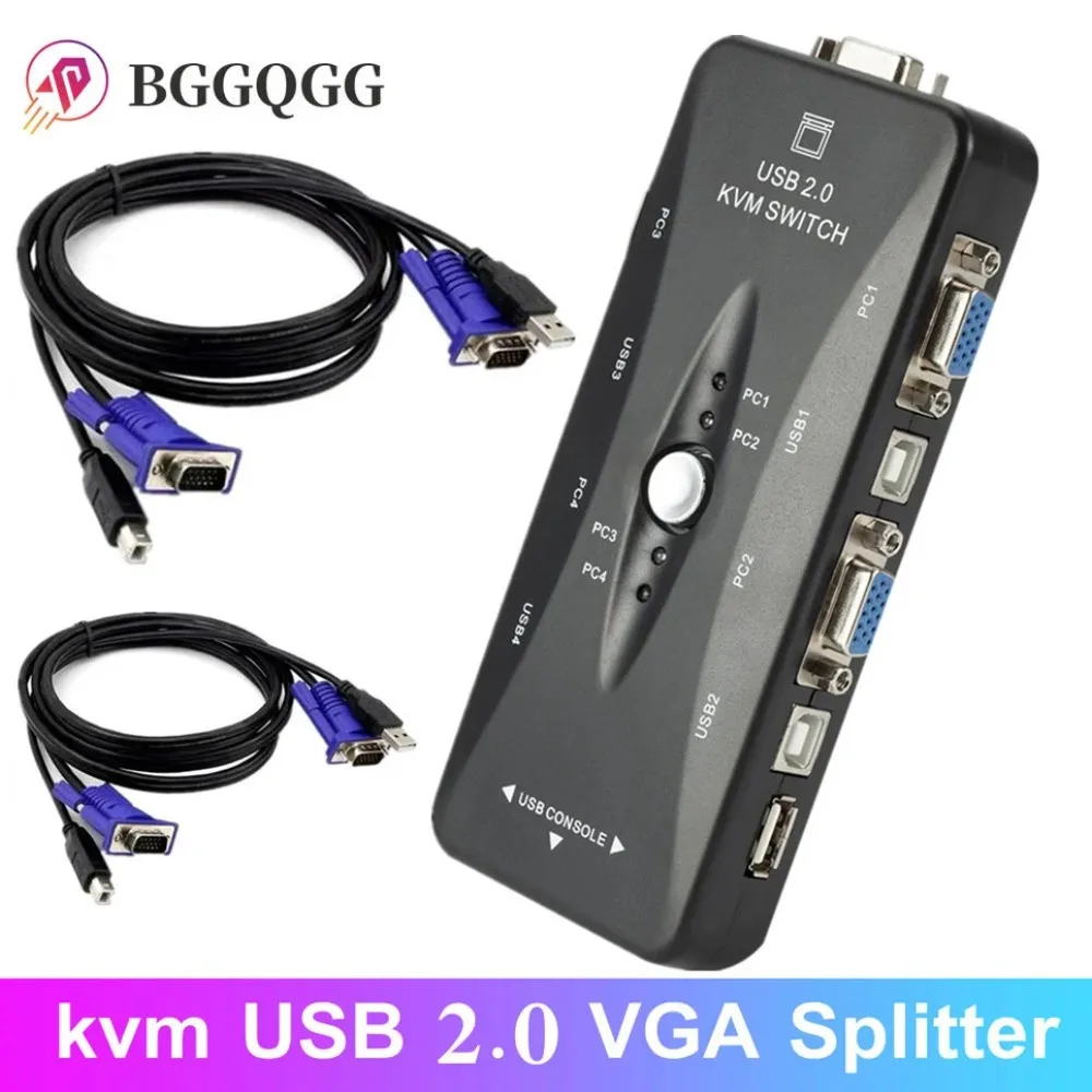 

BGGQGG 4 port kvm switch USB 2.0 VGA Splitter Printer Mouse Keyboard Pendrive Share Switcher 1920*1440 VGA Adapter Switch Box