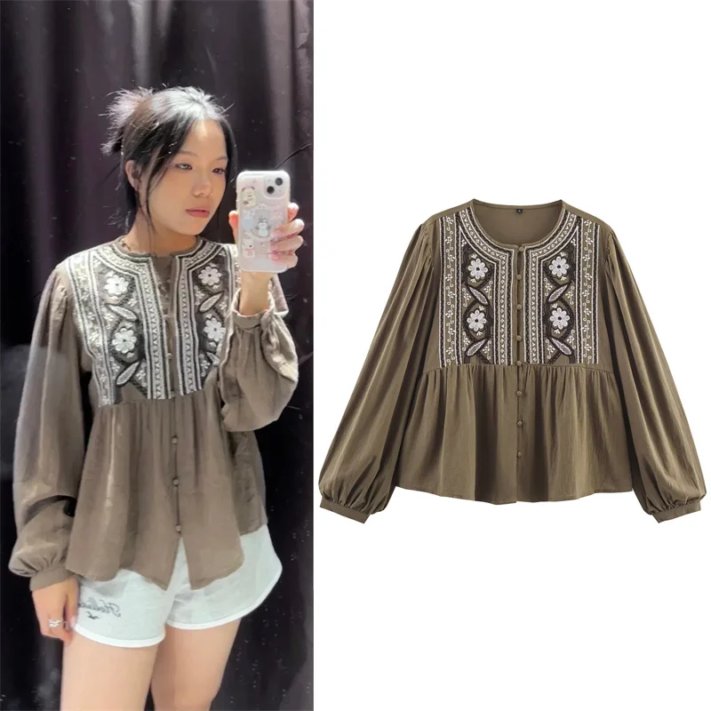 

Женская рубашка, осень 2021, новый стиль, цвета хаки, с длинными рукавами, декоративная рубашка с вышивкой, повседневная модная универсальная рубашка