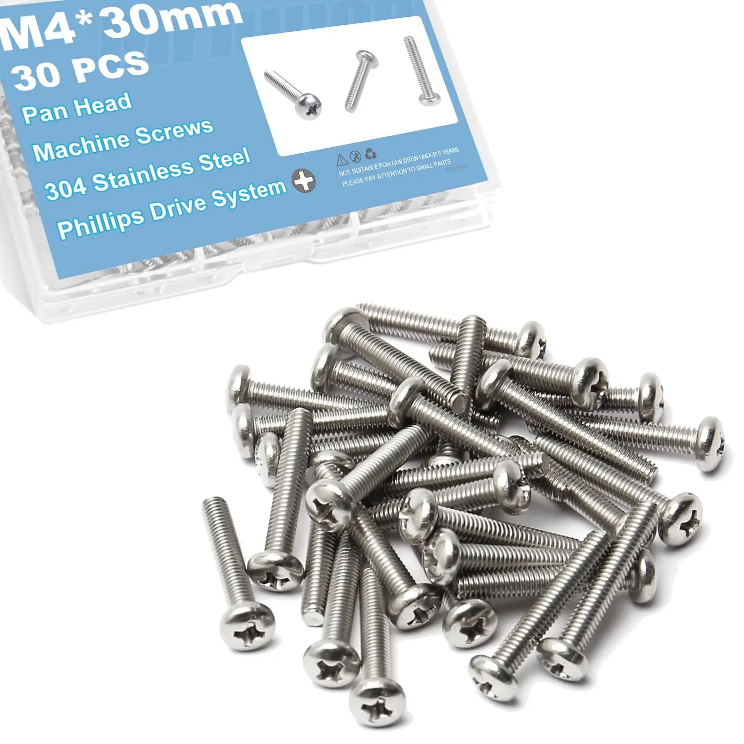 

30Pcs M4x30mm 304 Stainless Steel Pan Head Machine Screws, Phillips Drive, Fully Threaded, 0.7mm Pitch, for Cabinet Doors