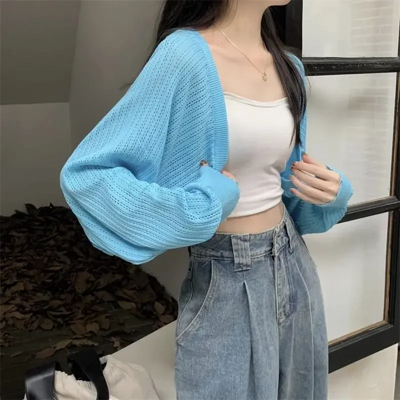 Lantern Sleeve Knit Cardigan Crochet Hollow Loose Women\'s Long Sleeve Thin Coat Korean Fashion Simple Casual Drop Shipping