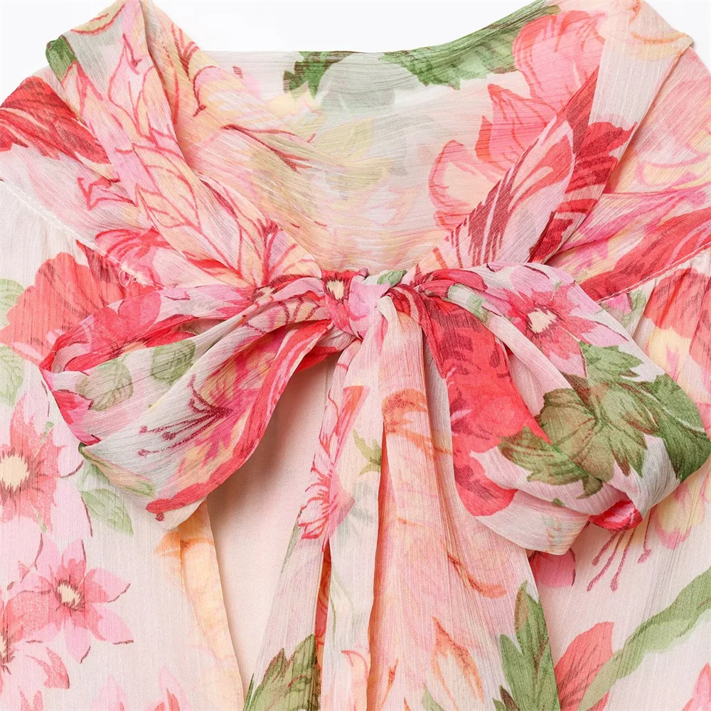 Verão feminino novo fino ajuste cinto em camadas impressão decorativa gola sem mangas vestido longo