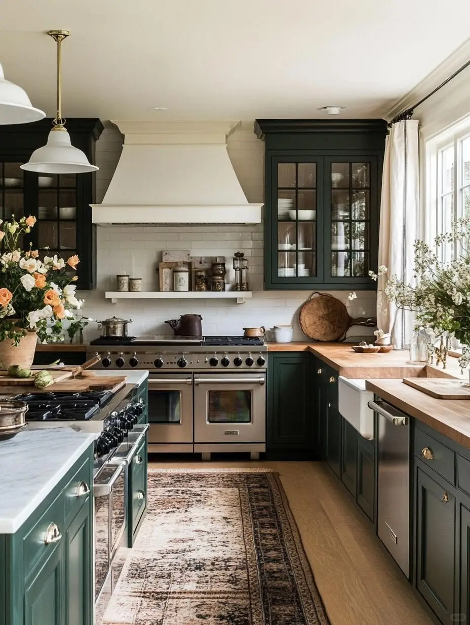 Green Country Style Solid Wood kitchen Cabinet