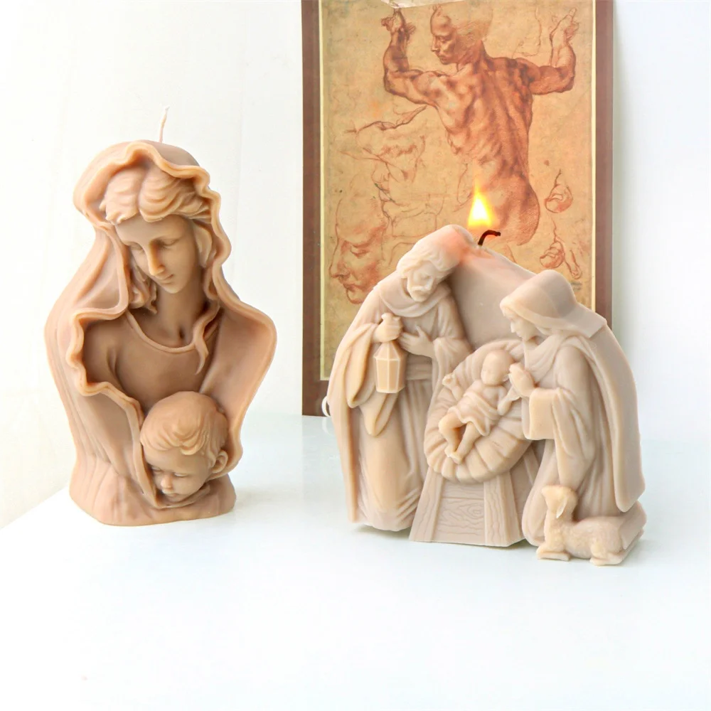 3D Virgin Mary and Jesus Family Silicone Candle Molds DIY Angel Wings Mom Holding Baby Aromath Plaster Soap Mold Religious Decor