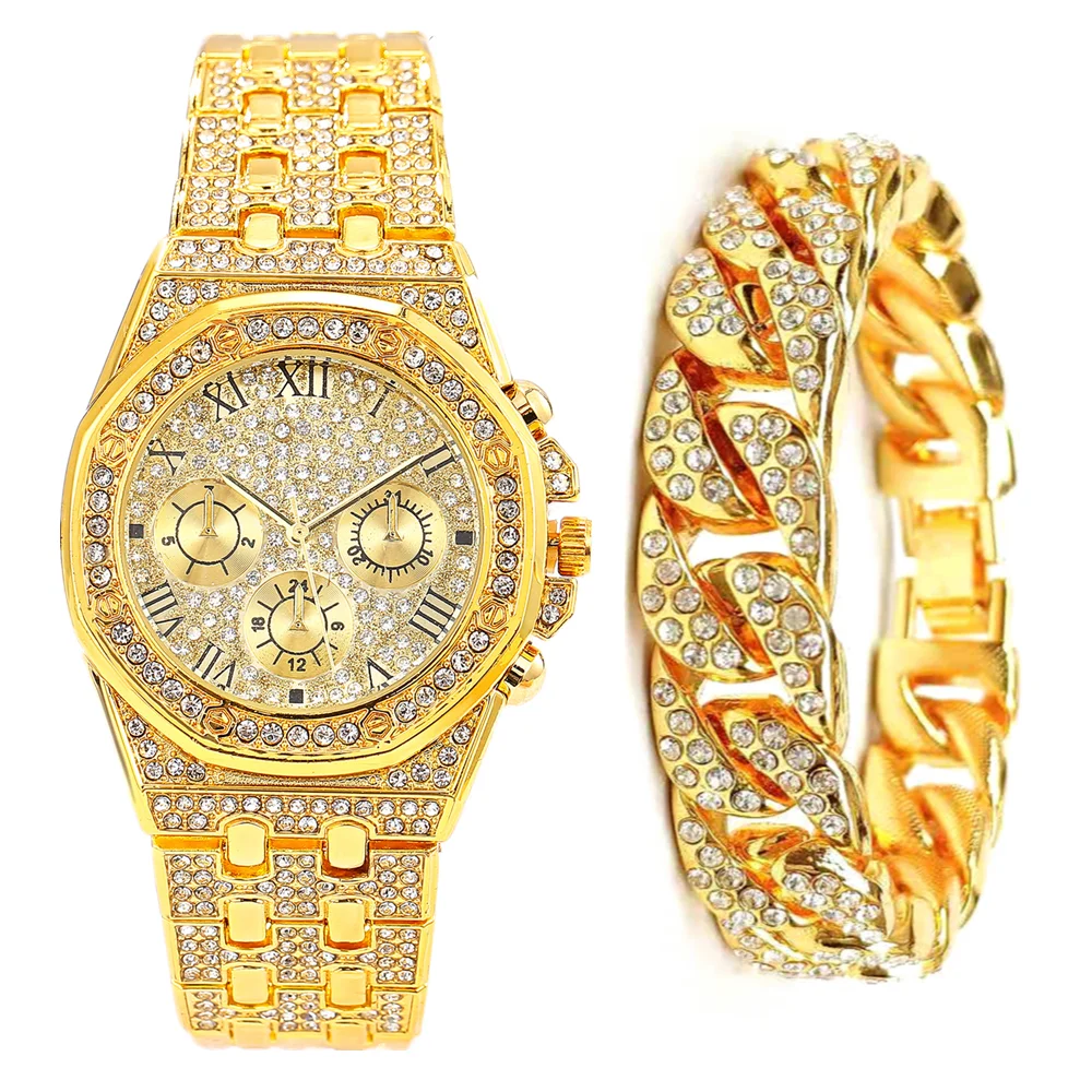 Iced Out Watch + Bracelet for Men Women Luxury Clocks Hip Hop Gold Diamond Couple Mens Wristwatch Set Relojes Para Mujer Gift