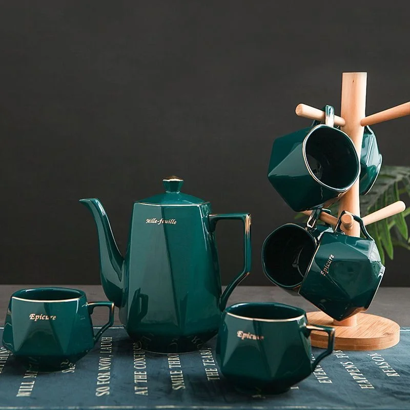 Green Glaze Ceramic Tea Set Teapot 6 Cups Wooden Rack Gift Box Drinkware