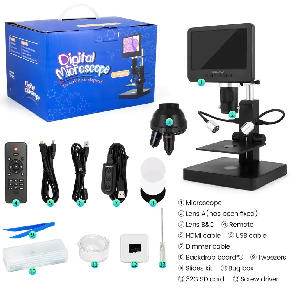 Kit Microscópio Andonstar Biológico, 4000X, AD246SP, solda, telefone, relógio de reparação, 7"
