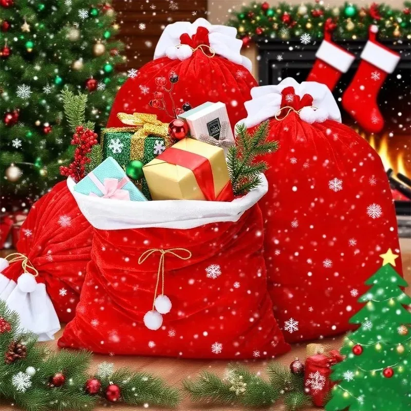 1/5x عيد الميلاد أكياس سانتا كلوز الكبيرة مع الرباط الأحمر المخملية سانتا الحاضر أكياس ل الحاضر اللعب الديكور تخزين العرض