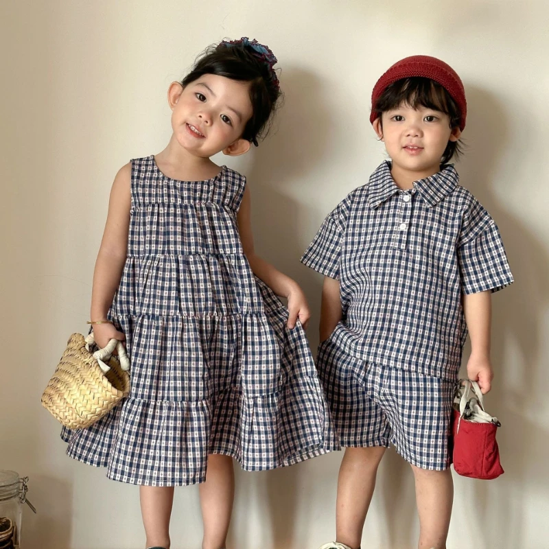 

2026 Children's New Trendy Hot Selling New Color Blocked Plaid Skirt Dress and Short Sleeved Shorts Sibling Outfit