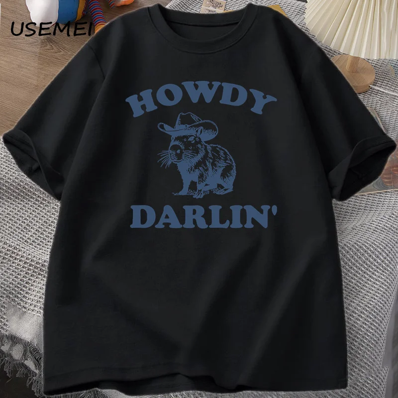 Vintage 90s Funny Capybara T Shirt Women Retro Y2k Aesthetic Cute Howdy Darlin T-Shirt Funny Meme T-Shirts Cowboy Graphic Tees