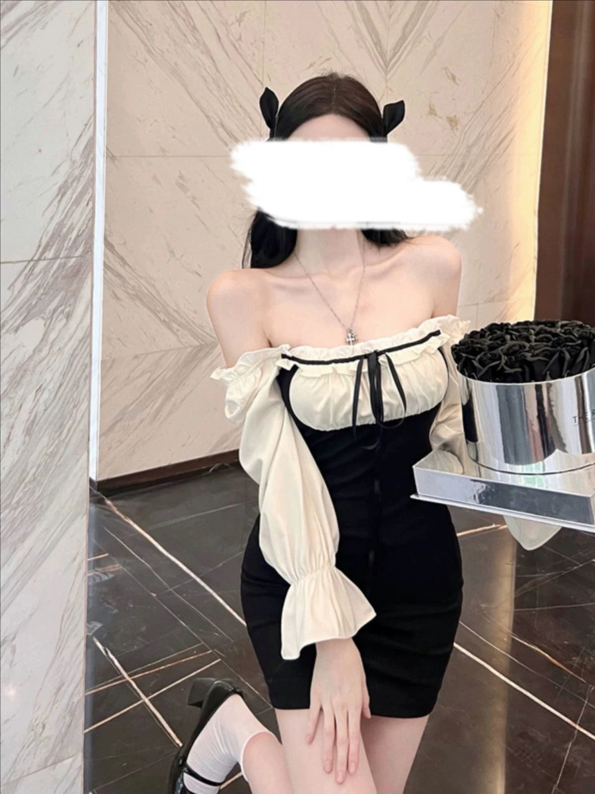 Seksowna Dziewczyna Fałszywa Damska Dwuczęściowa Iluzja Długi Rękaw Francuski Styl Długi Rękaw Ekskluzywna Sukienka Mini Wyszczuplająca Podkreślająca Talia