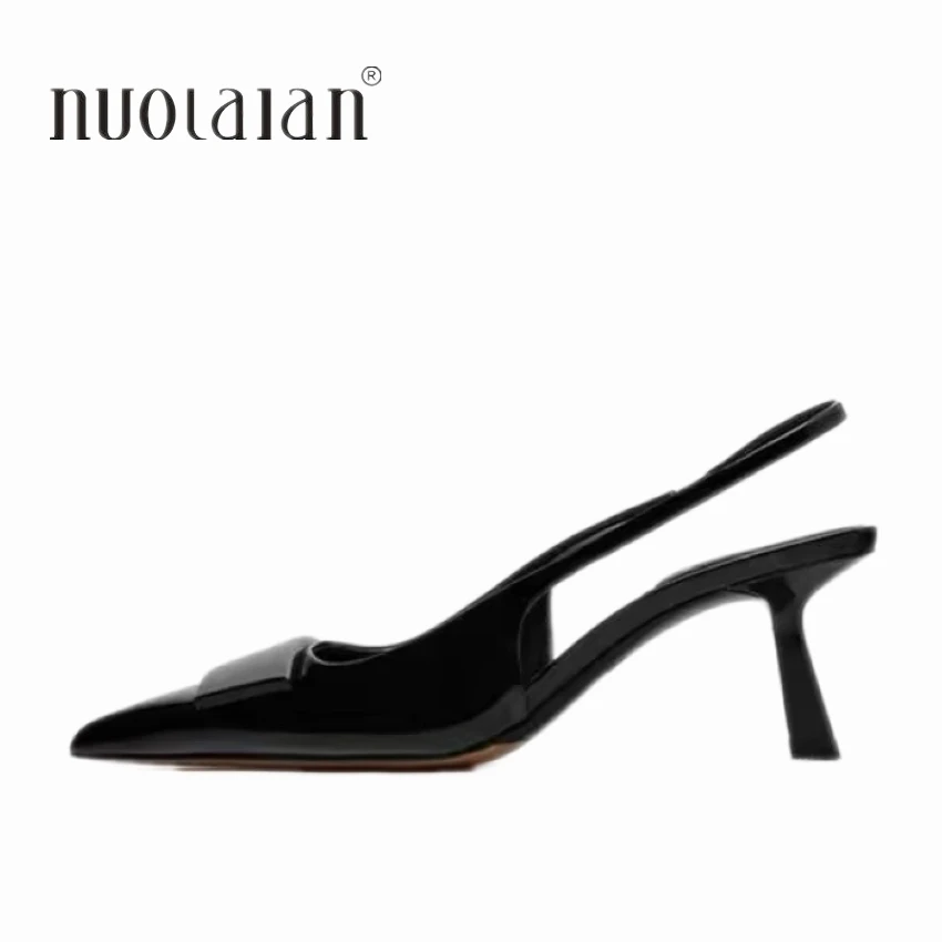 2024 Black Pumps Elegant Women High Heels Patent Leather High-heeled Stiletto Heel Pointed Toe Slingback Summer Ladies Shoes