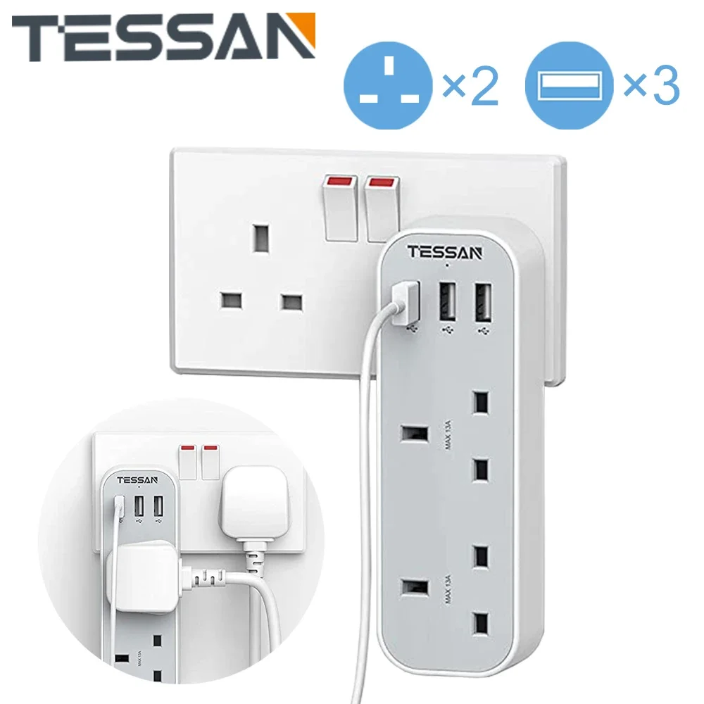 TESSAN 2/3 Way Plugs Extension Multi Sockets with 3 USB Ports(5V/2.4A)Wall Charger Adapter, 13A UK Power Socket for Home, Office