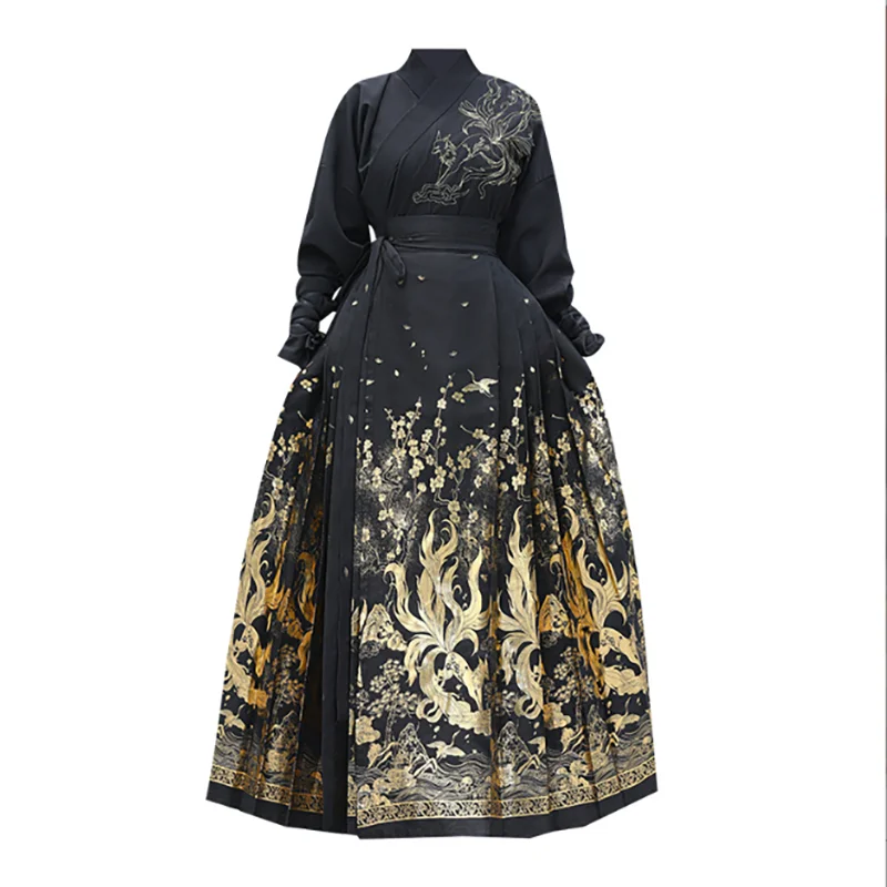 

Китайский костюм с юбкой и принтом «лошадиная морда» для мужчин, винтажная черная рубашка в стиле династии Мин с юбкой с принтом «лошадиная морда», большие размеры 4XL для женщин