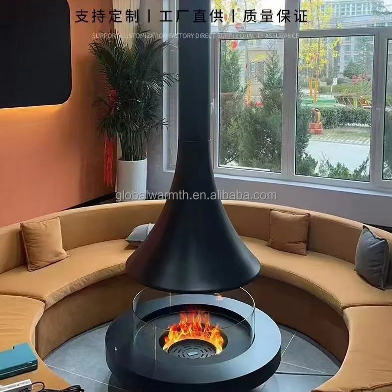 Suspended Wood-Burning Stove Real Fire Modern Fireplace for Hotel Villa Apartment Living Room 50m³ Powerful Heaters