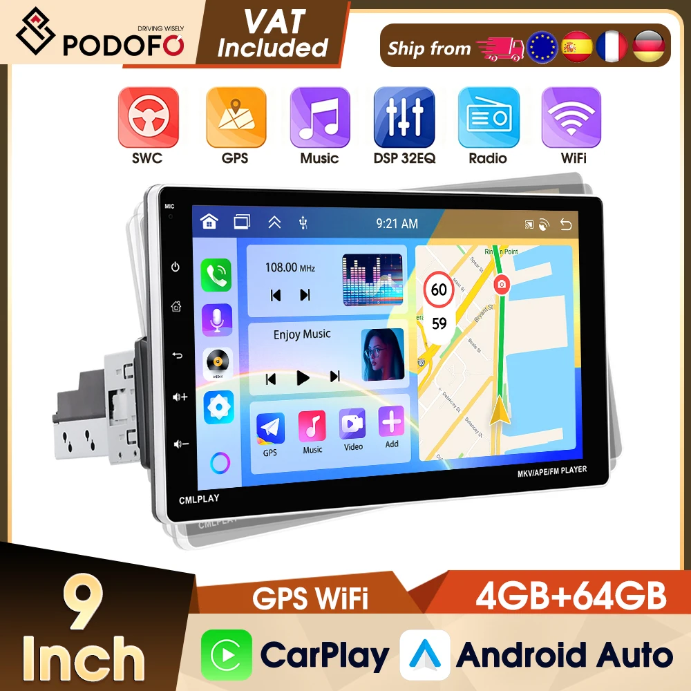 Lecteur multimédia automobile Android Podofo 9'' 1 Din 4+64G, écran tactile IPS, Carplay, Android Auto, FM, WIFI, GPS, EQ, USB, autoradio stéréo