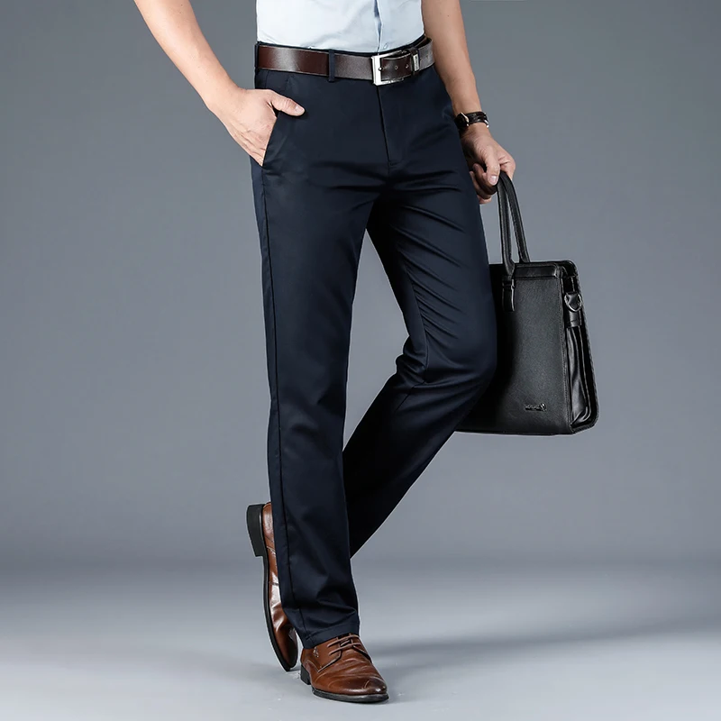 Spring Summer Straight Suit Pants Men\'s Business Stretch Royal Blue Khaki Black Thin Office Formal Trousers Male Size 40 42