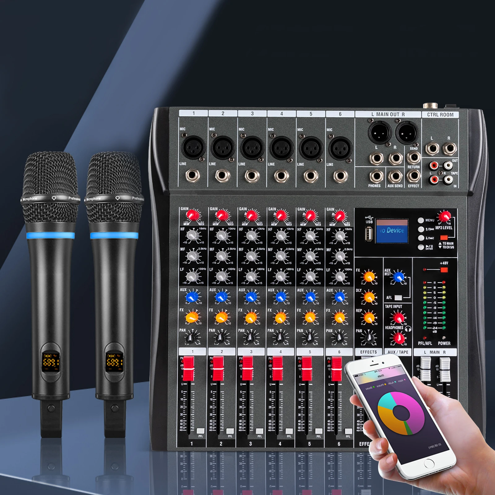 

Black 6-Channel Audio Mixer Real-Time Monitoring - Headphone Interface&LCD Display, 3-Color Level Indicator&Clear Working Status