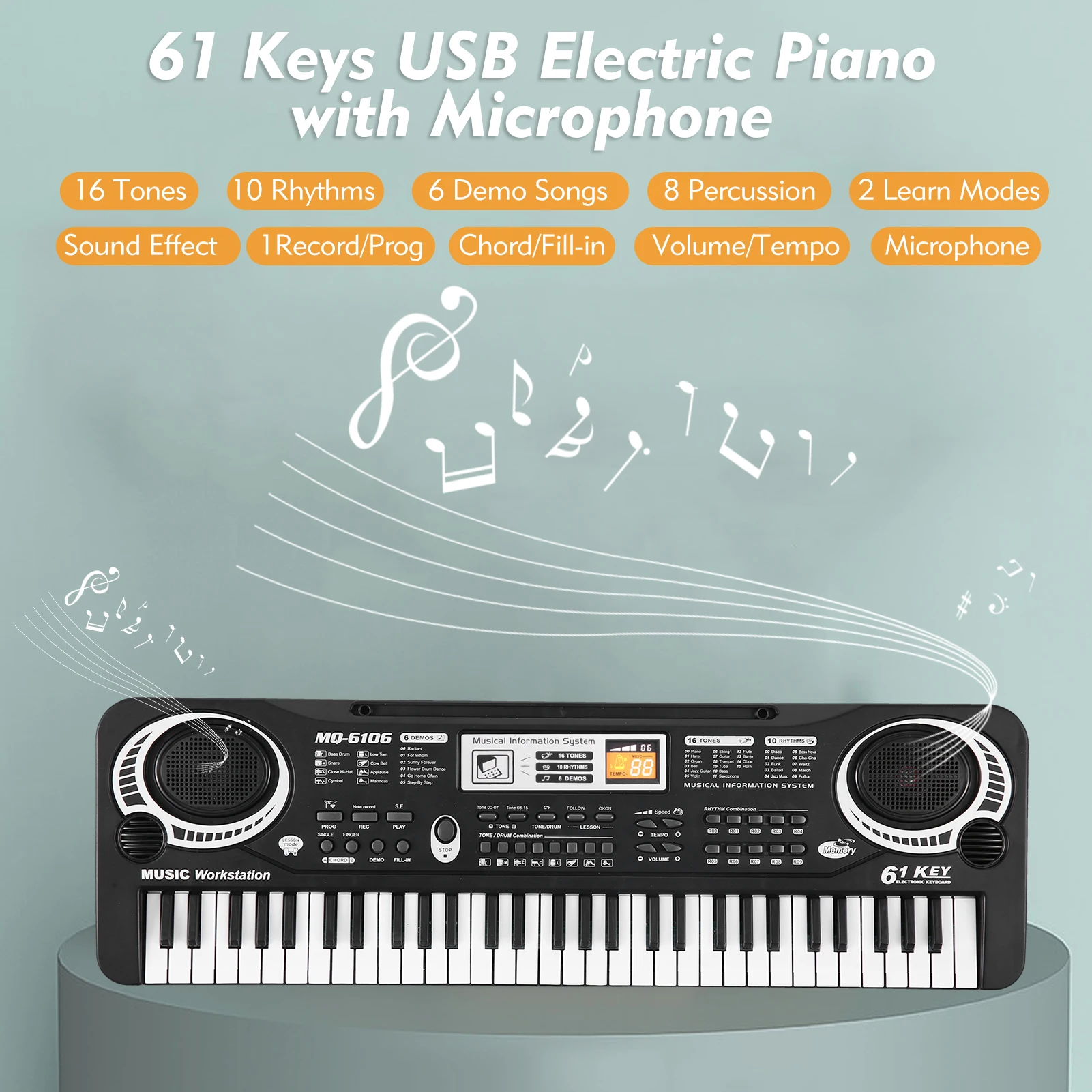 

61-Key USB Electronic Organ Electric Piano with Microphone Digital Keyboard Built-in Stereo Speakers Kid Gift Musical Instrument