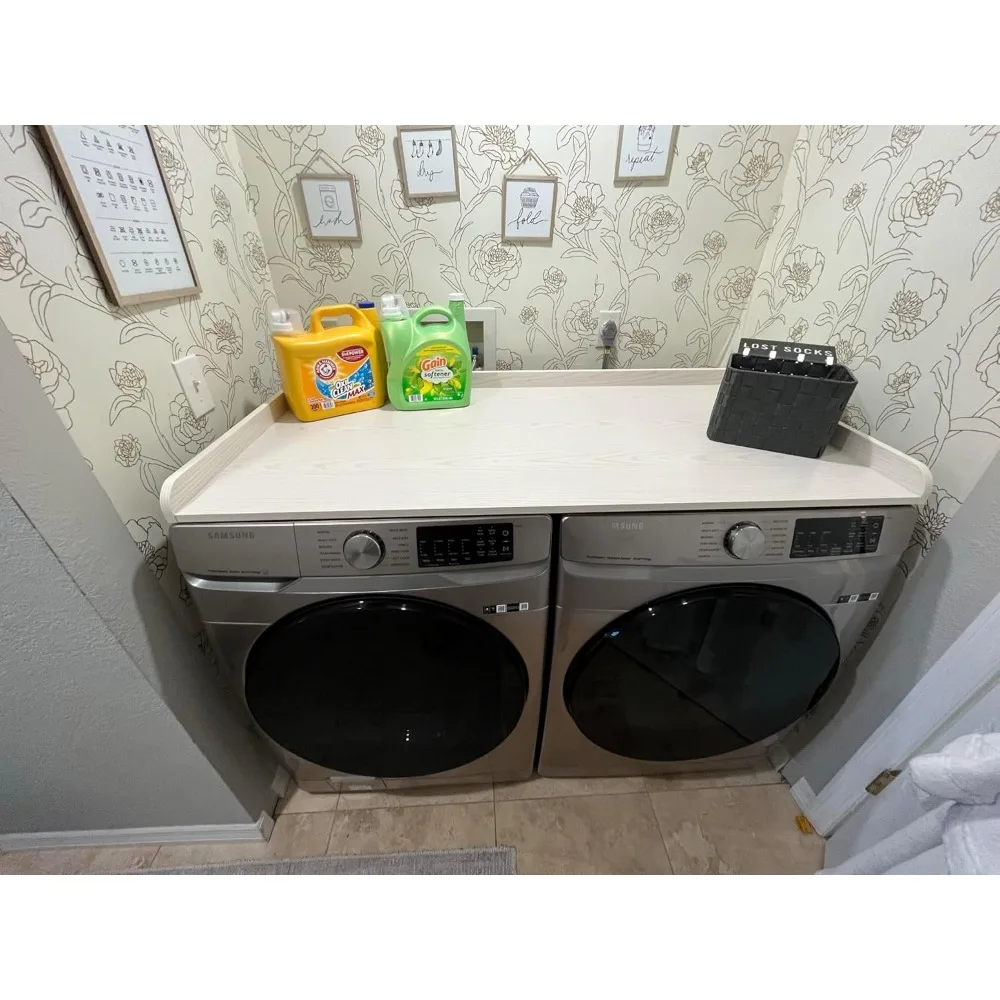 

Washer and Dryer Countertop with Non-Slip Mat - 54" Width x 27.5" Depth (White Wood Grain) - Wood Shelf Topper with Edge Rails